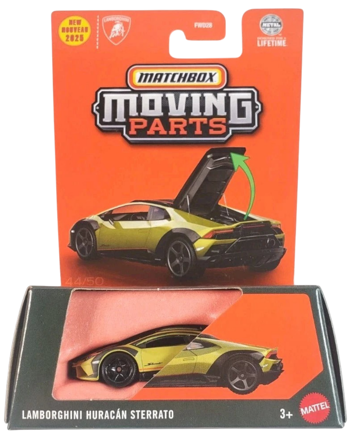 More Than Diecast Matchbox 2025 Lamborghini Huracán Sterrato die-cast car in yellow with opening engine cover feature