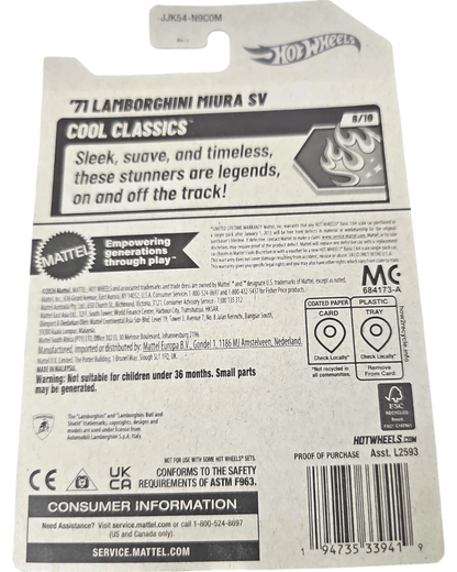 More Than Diecast Hot Wheels 2026 '71 Lamborghini Miura SV purple die-cast car packaging back view