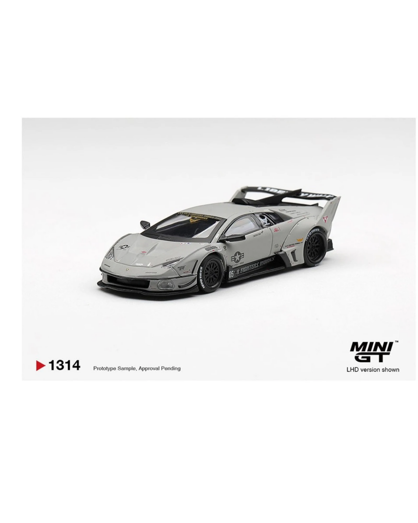 More Than Diecast Mini GT 1:64 scale grey Lamborghini LB-Silhouette WORKS MURCIELAGO GT Evo Fighter model car with racing decals.