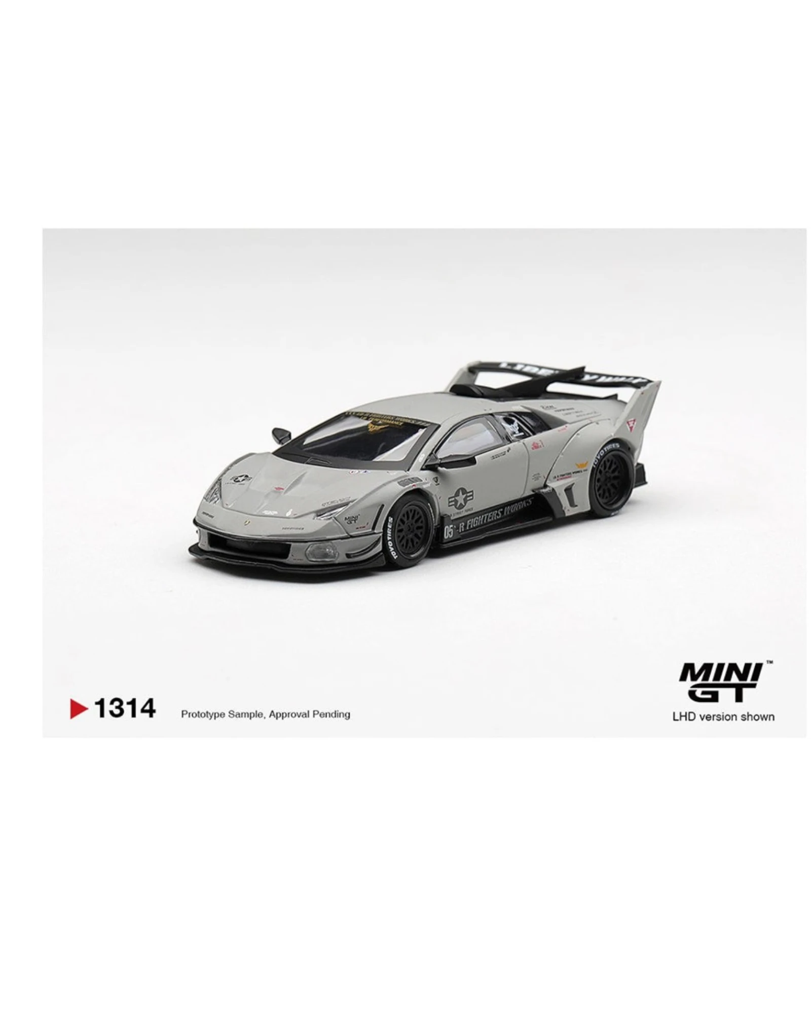 More Than Diecast Mini GT 1:64 scale grey Lamborghini LB-Silhouette WORKS MURCIELAGO GT Evo Fighter model car with racing decals.