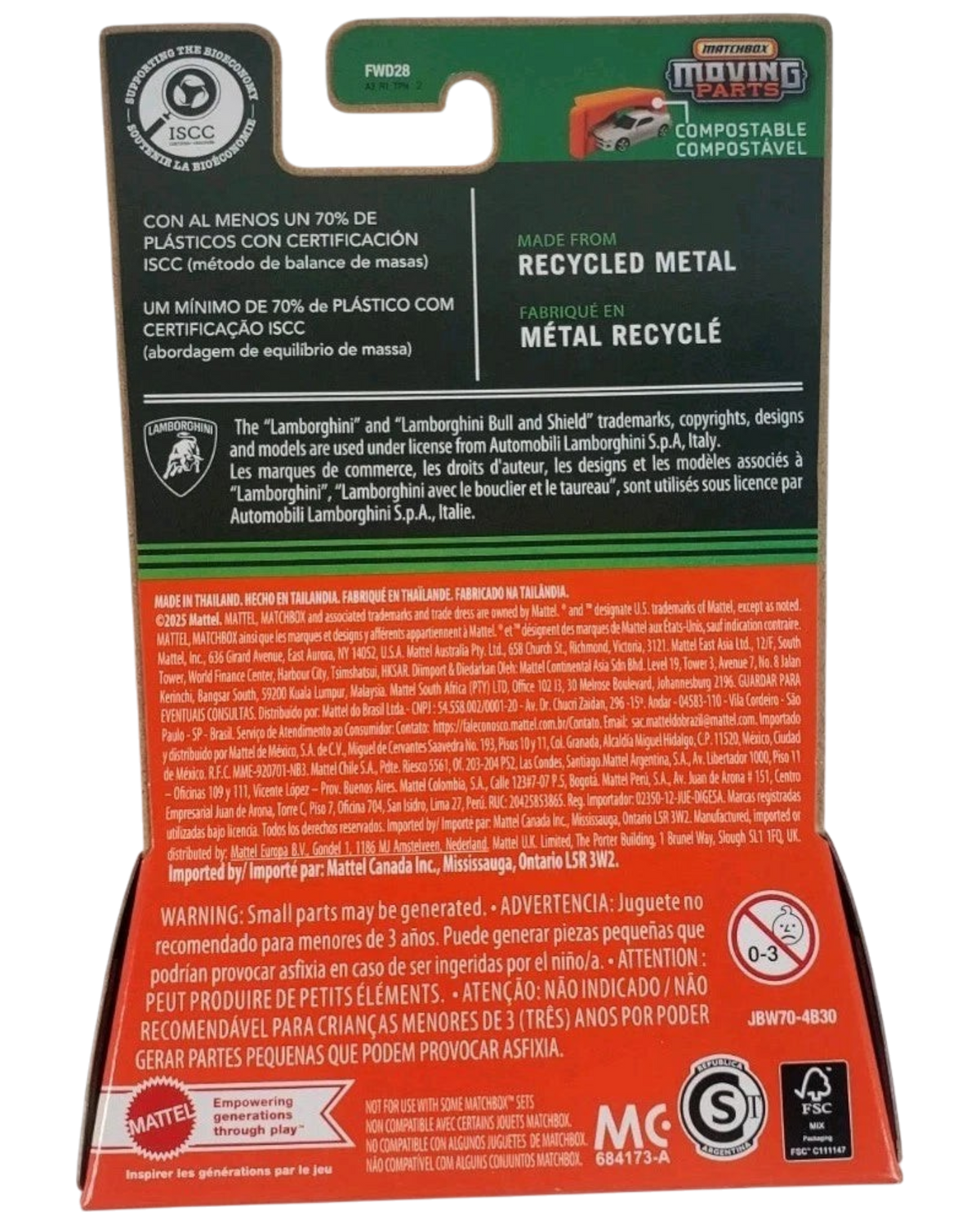 More Than Diecast Matchbox 2025 Lamborghini Huracán Sterrato packaging back with sustainability and safety information