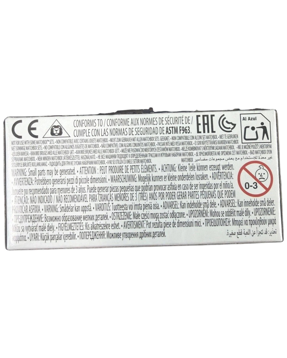 More Than Diecast Matchbox The Movie Land Rover 6x6 packaging back showing safety warnings and compliance information