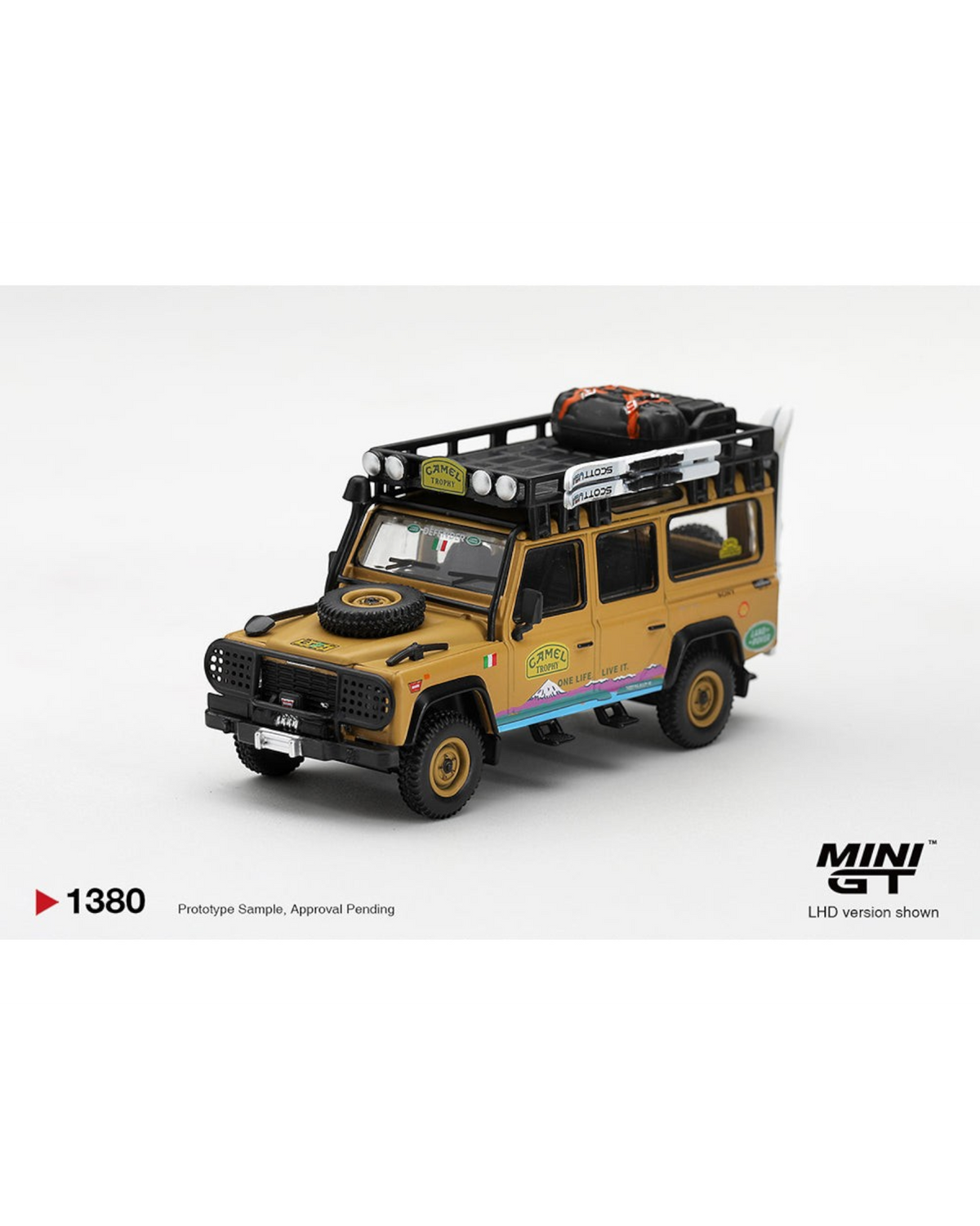 More Than Diecast 1:64 Mini GT Land Rover Defender 110 Camel Trophy Italy edition with expedition gear and livery