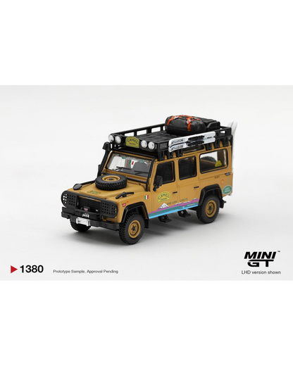 More Than Diecast 1:64 Mini GT Land Rover Defender 110 Camel Trophy Italy edition with expedition gear and livery