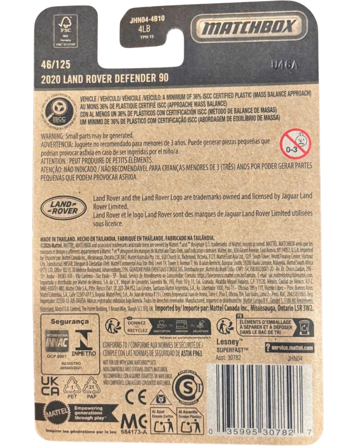 More Than Diecast Matchbox 2026 Land Rover Defender 90 packaging back with product details and safety information
