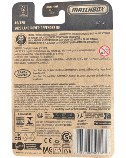 More Than Diecast Matchbox 2026 Land Rover Defender 90 packaging back with product details and safety information