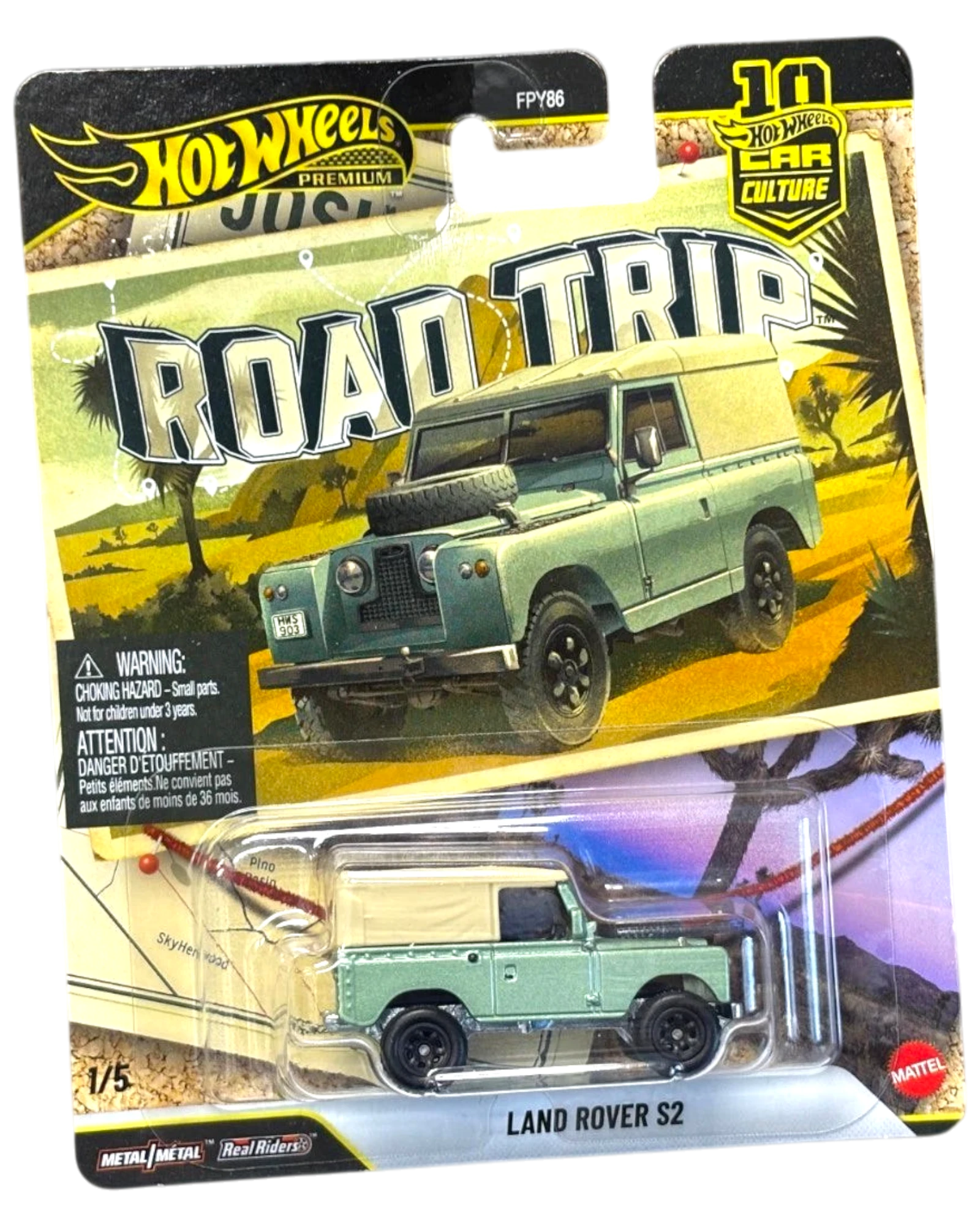More Than Diecast Hot Wheels Land Rover Series II die-cast car in light green with a tan roof in original packaging.