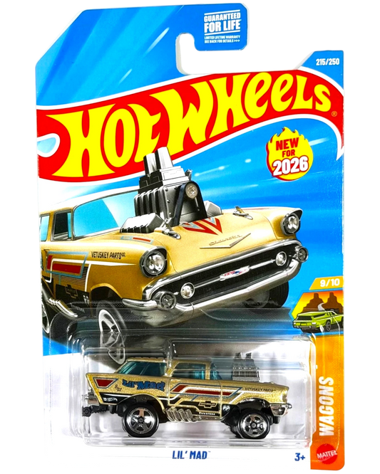 More Than Diecast Hot Wheels Lil Mad 2026 K Case gold diecast wagon toy car in original blister card packaging