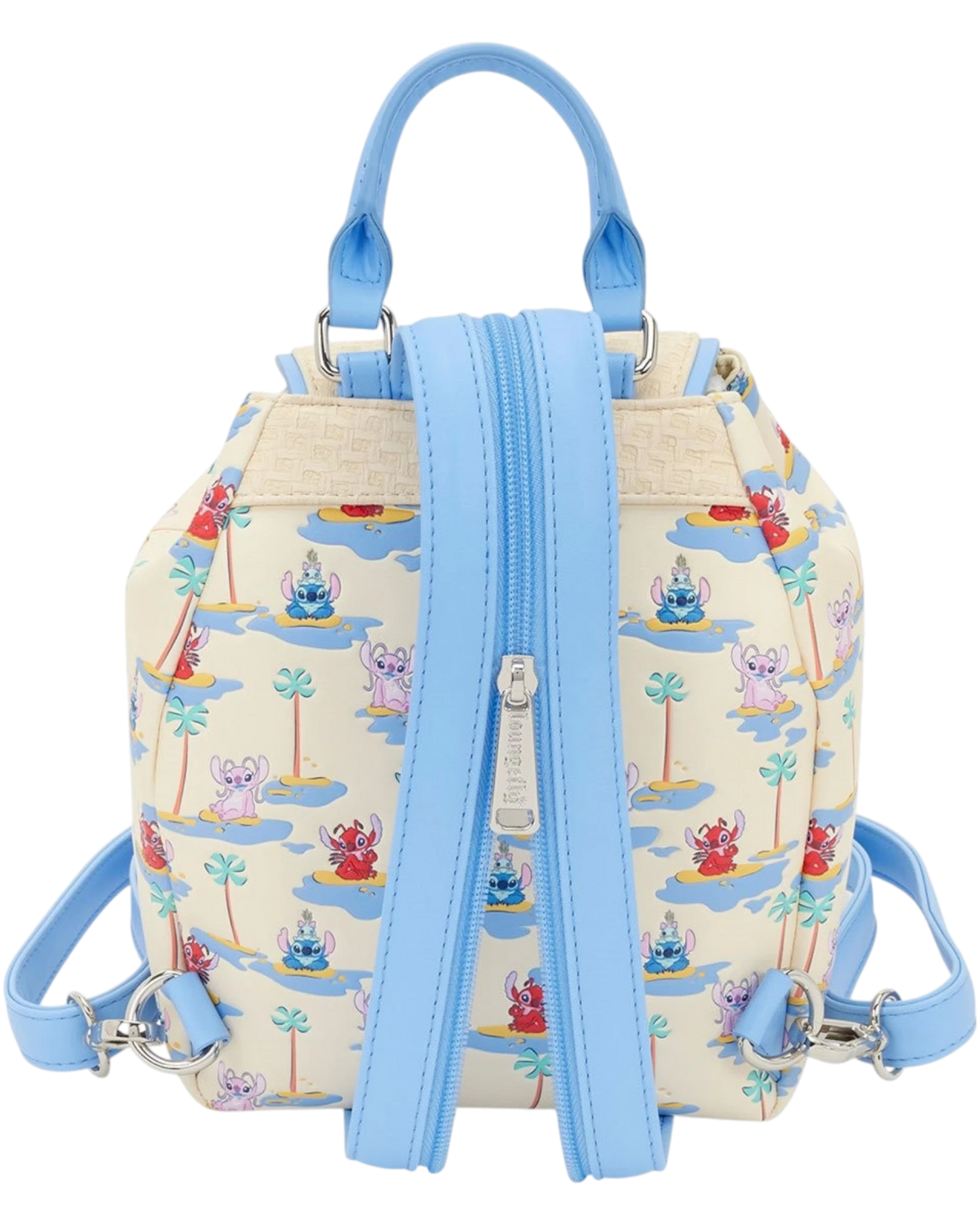 More Than Diecast Lilo & Stitch backpack with Stitch, Angel, and Leroy characters on a tropical island print. Features light blue straps and basket weave material.