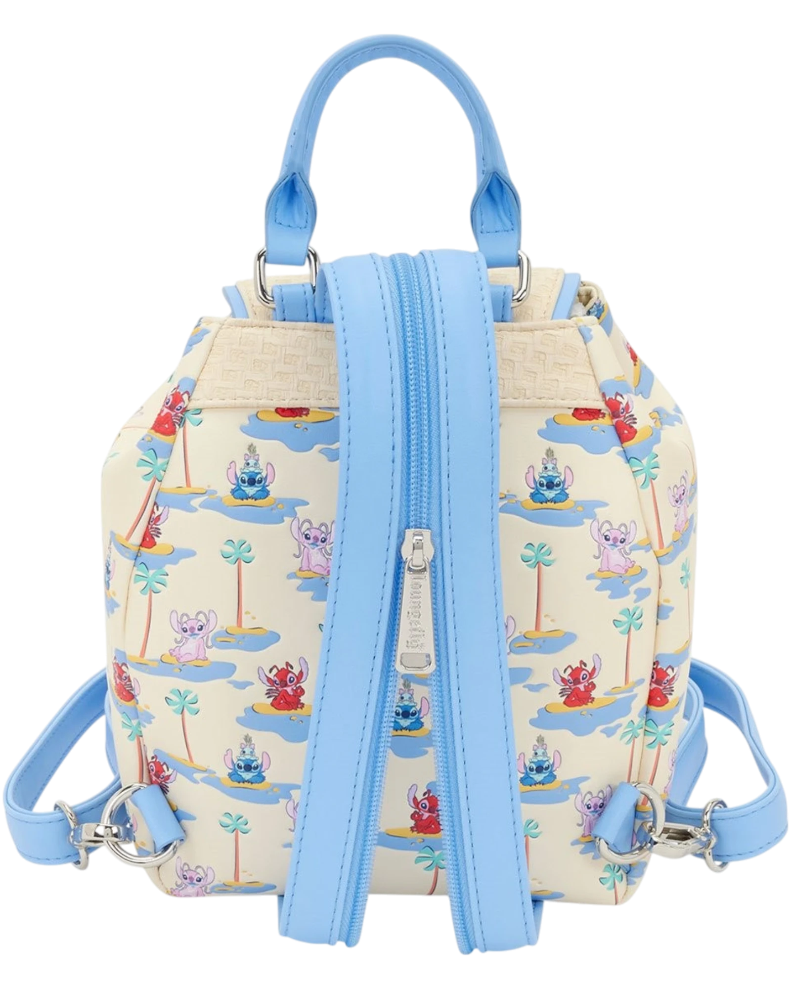 More Than Diecast Lilo & Stitch backpack with Stitch, Angel, and Leroy characters on a tropical island print. Features light blue straps and basket weave material.
