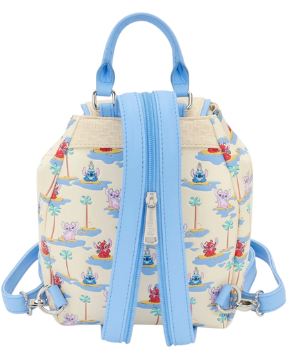 More Than Diecast Lilo & Stitch backpack with Stitch, Angel, and Leroy characters on a tropical island print. Features light blue straps and basket weave material.