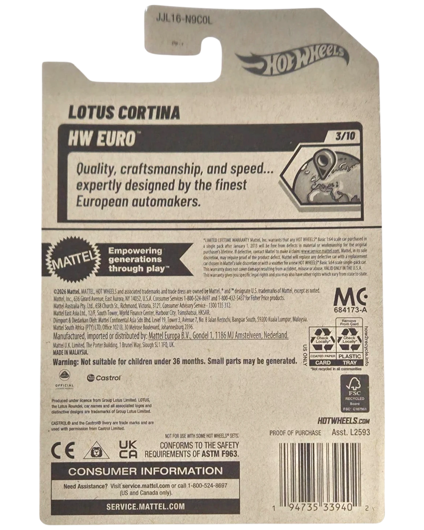 More Than Diecast Hot Wheels Lotus Cortina HW Euro series packaging back view with product information and logos