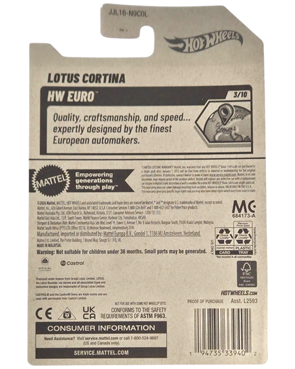 More Than Diecast Hot Wheels Lotus Cortina HW Euro series packaging back view with product information and logos