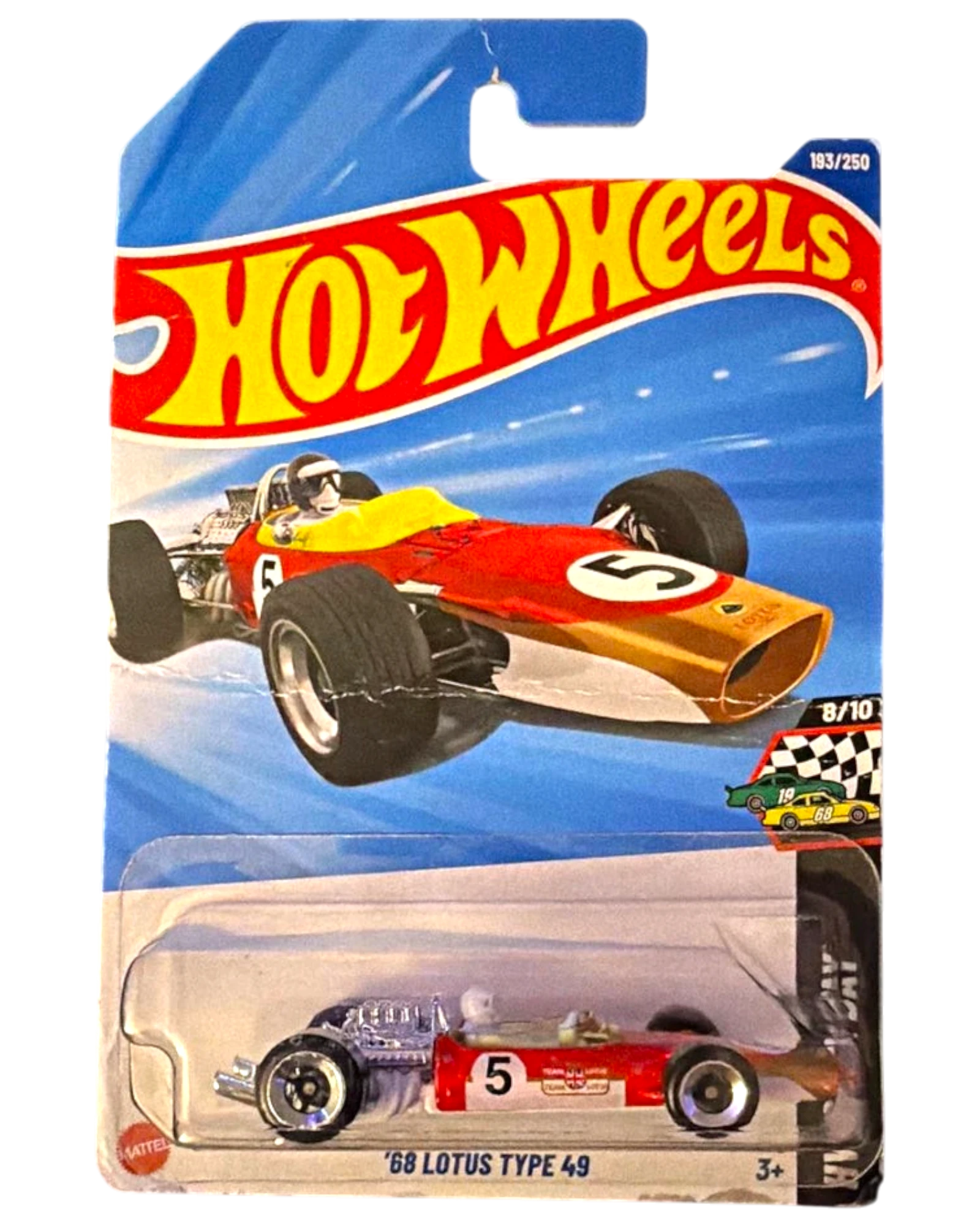 More Than Diecast 1:64 scale Hot Wheels '68 Lotus Type 49 Formula 1 race car in red and gold on blister card