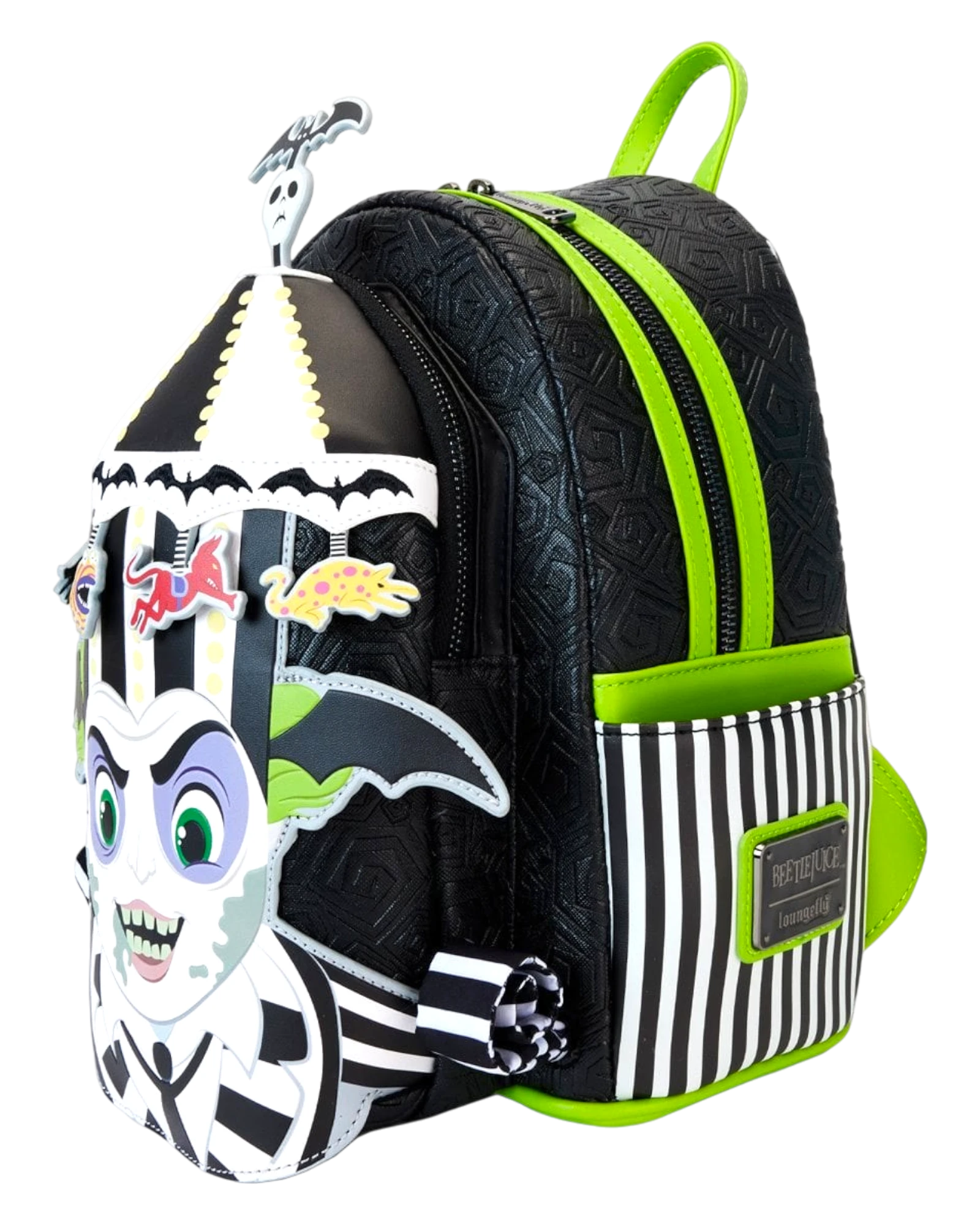 More Than Diecast Loungefly Beetlejuice carousel mini-backpack with light-up feature, black with green trim and Beetlejuice character applique.