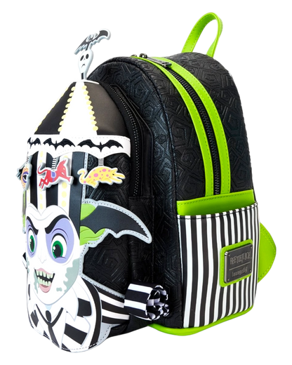 More Than Diecast Loungefly Beetlejuice carousel mini-backpack with light-up feature, black with green trim and Beetlejuice character applique.