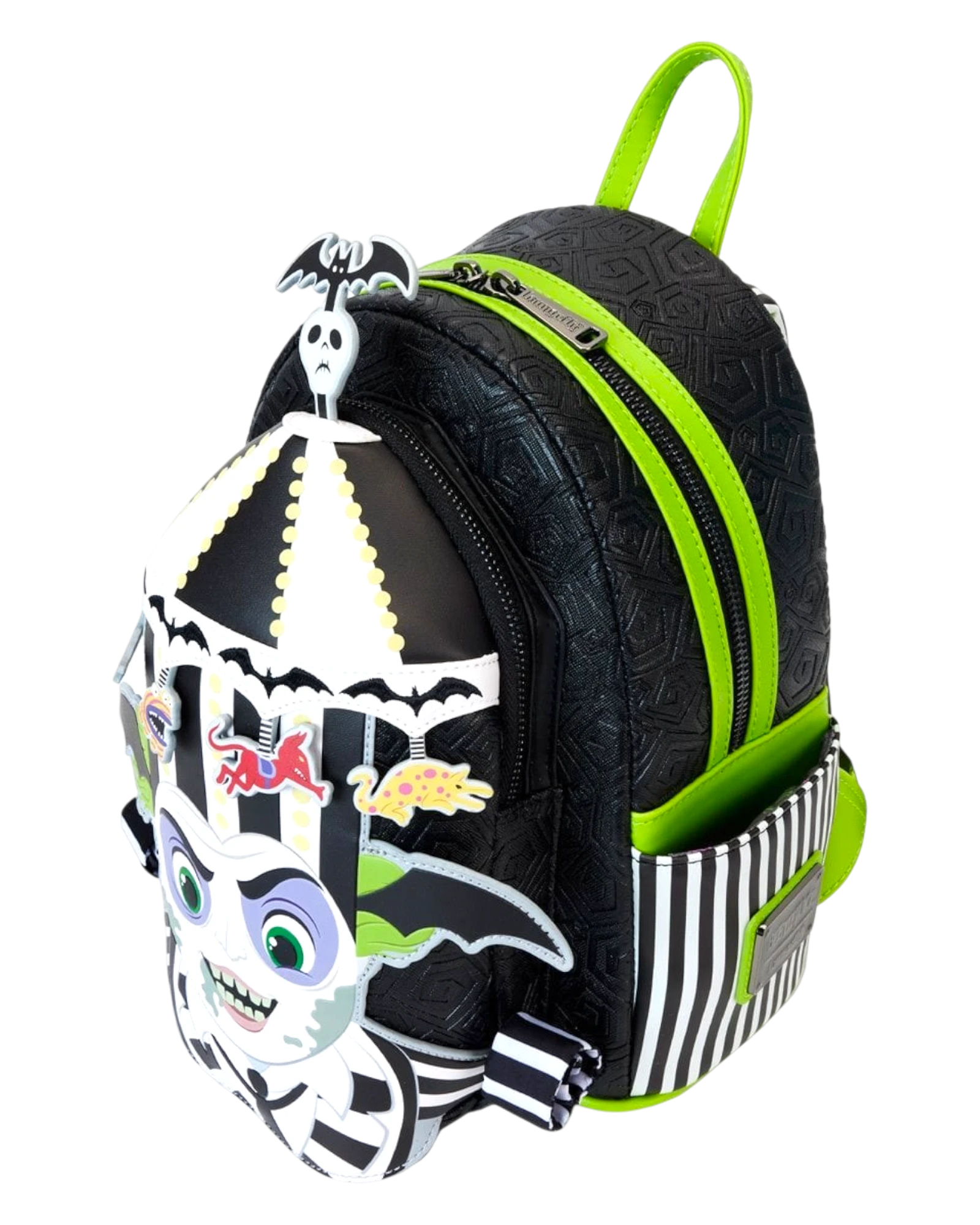 More Than Diecast Loungefly Beetlejuice carousel mini-backpack with light-up feature, black with green trim and striped pockets.