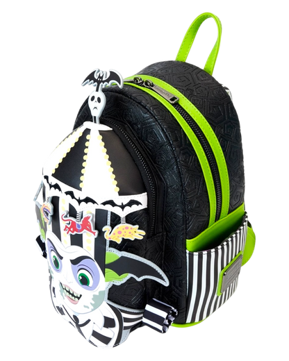 More Than Diecast Loungefly Beetlejuice carousel mini-backpack with light-up feature, black with green trim and striped pockets.