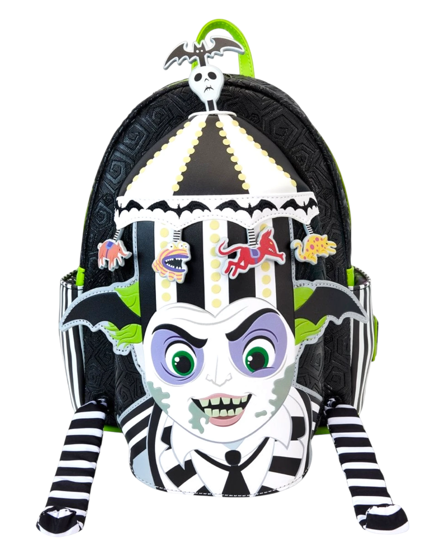 More Than Diecast Loungefly Beetlejuice carousel mini-backpack with light-up feature, black and white stripes, and character applique.