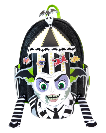 More Than Diecast Loungefly Beetlejuice carousel mini-backpack with light-up feature, black and white stripes, and character applique.