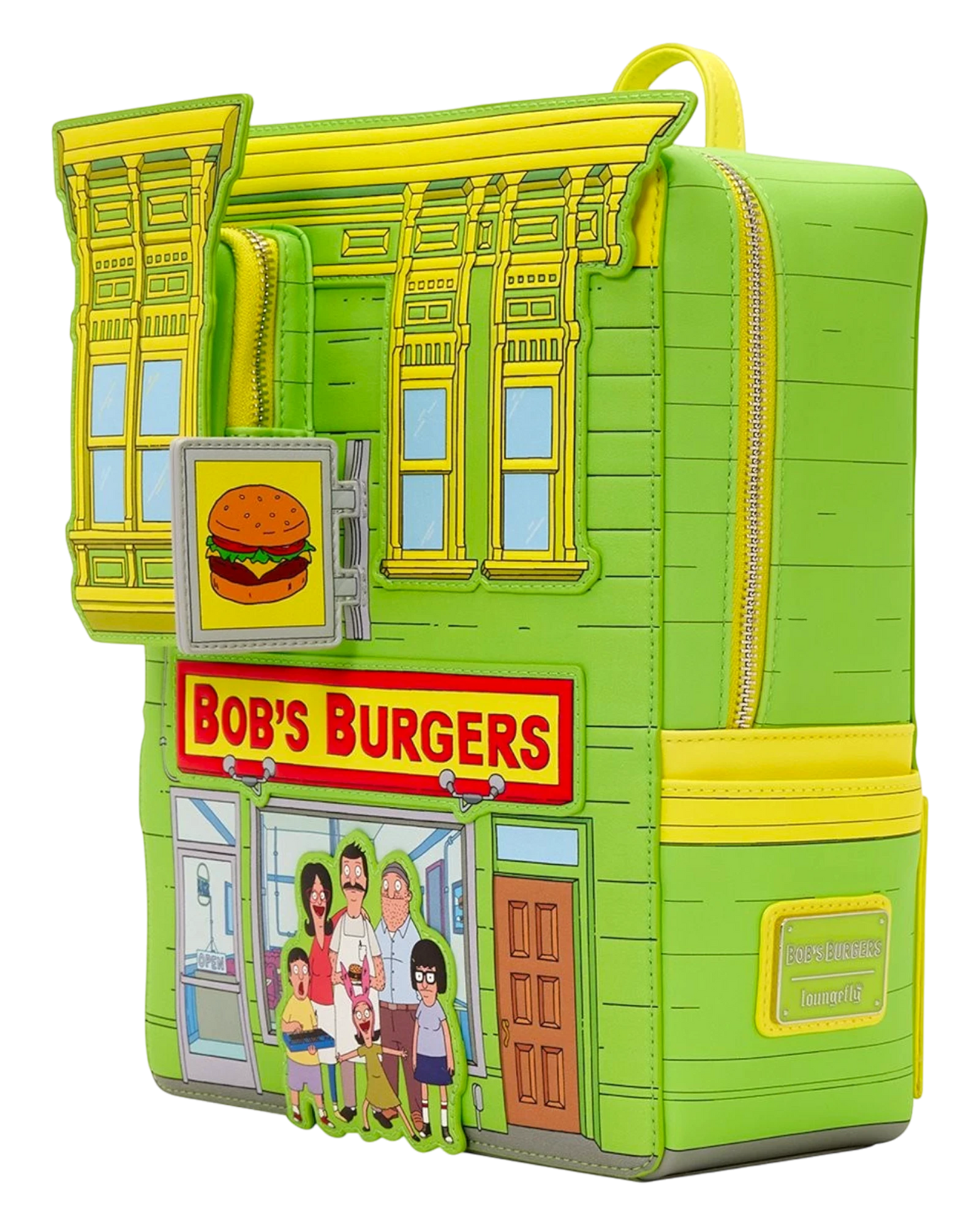 Loungefly Bob's Burgers restaurant mini-backpack in lime green with yellow trim, featuring the Belcher family and restaurant facade.