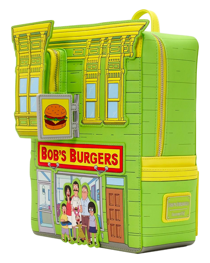 Loungefly Bob's Burgers restaurant mini-backpack in lime green with yellow trim, featuring the Belcher family and restaurant facade.