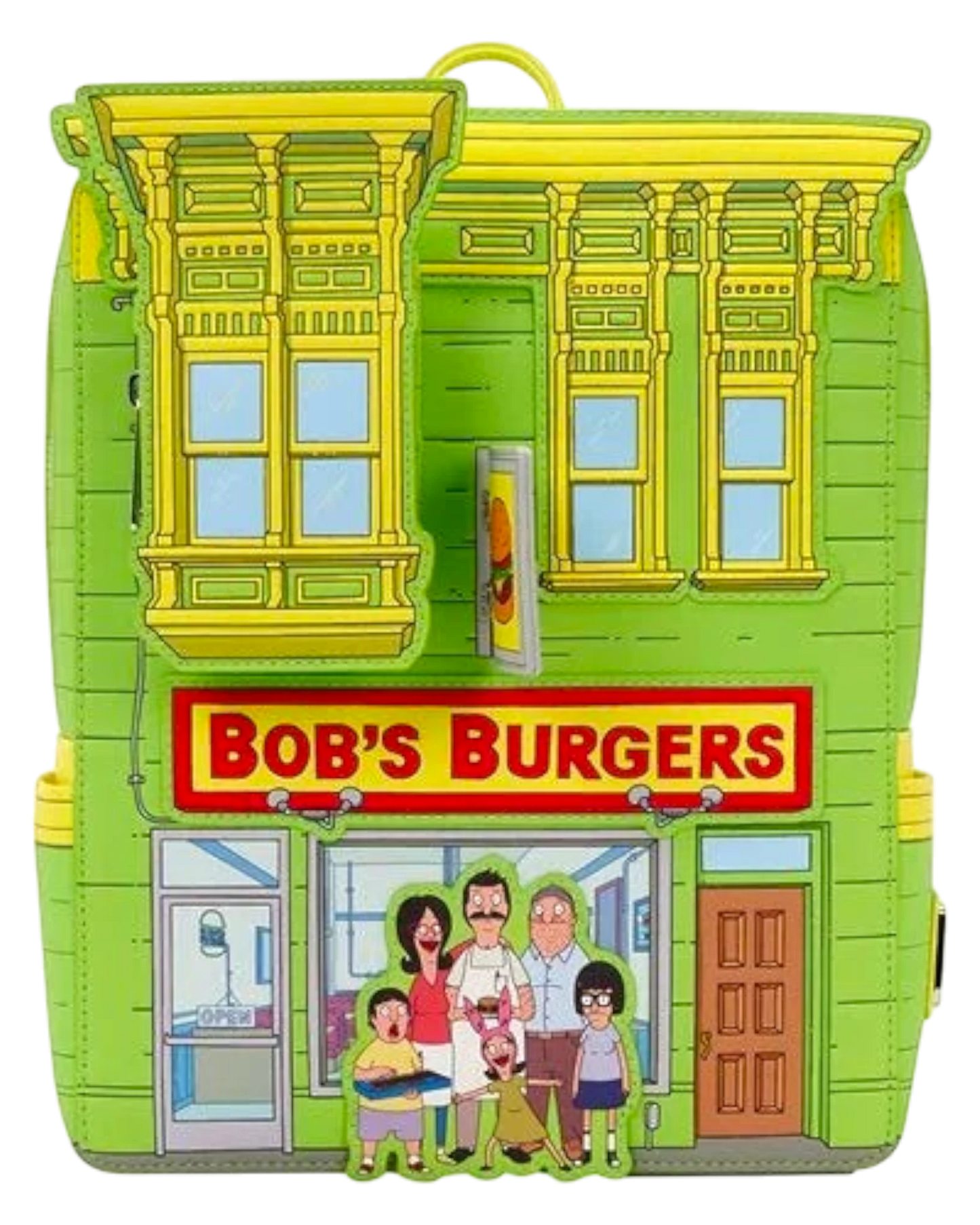 More Than Diecast Loungefly Bob's Burgers restaurant mini-backpack with embroidered family and yellow trim.