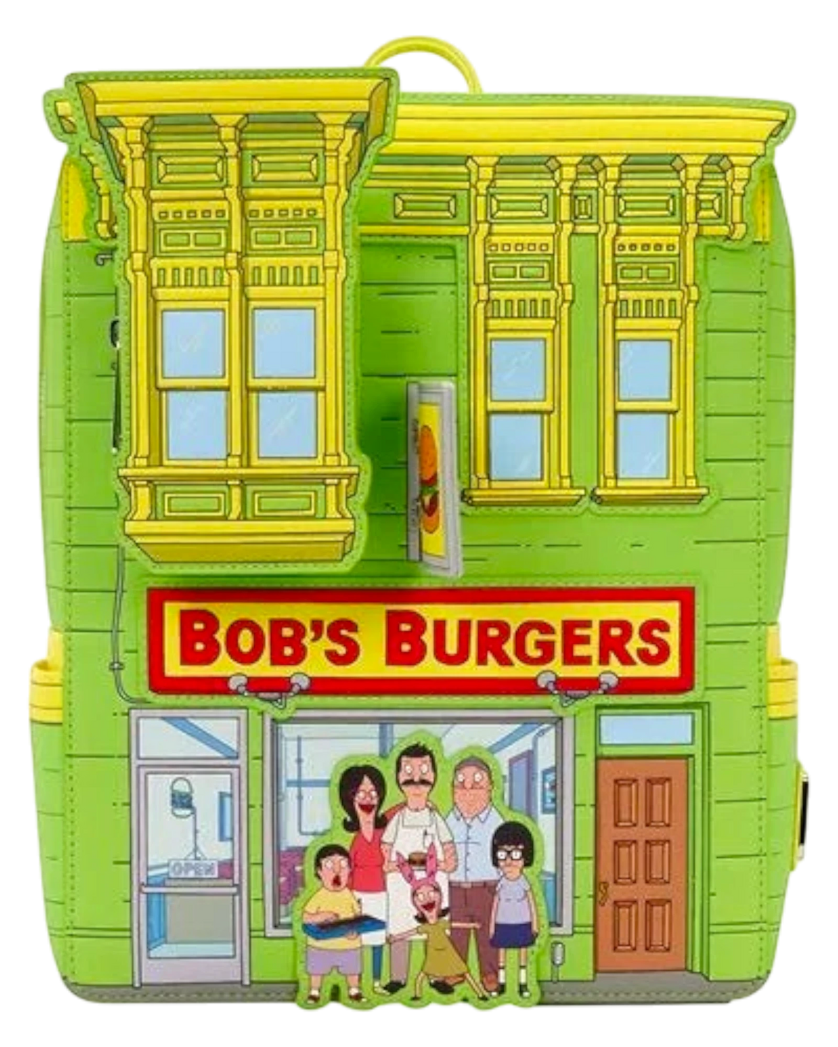 More Than Diecast Loungefly Bob's Burgers restaurant mini-backpack with embroidered family and yellow trim.