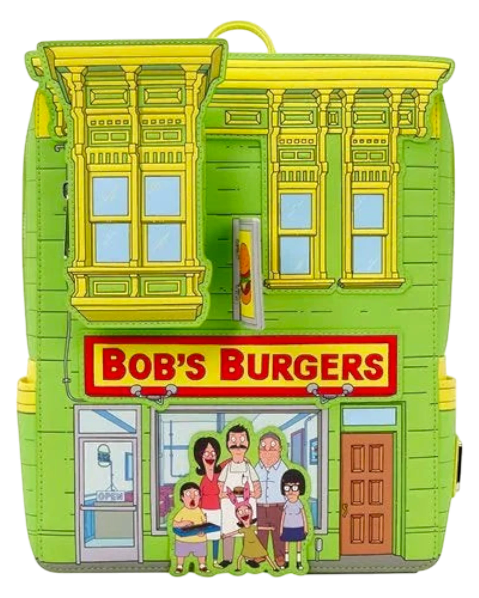 More Than Diecast Loungefly Bob's Burgers restaurant mini-backpack with embroidered family and yellow trim.