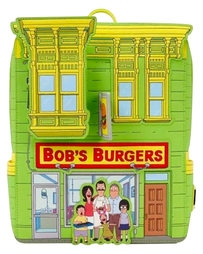 More Than Diecast Loungefly Bob's Burgers restaurant mini-backpack with embroidered family and yellow trim.
