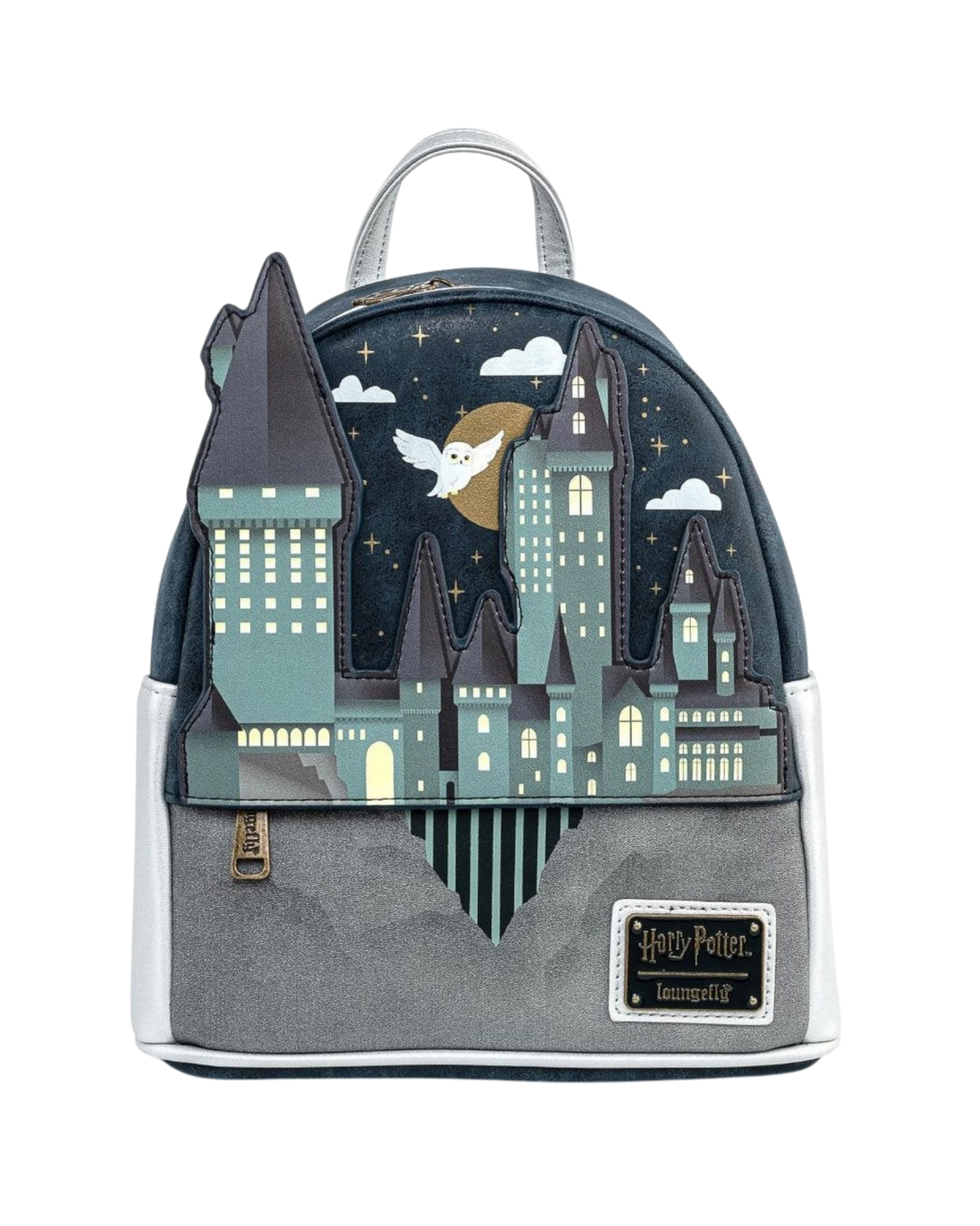 More Than Diecast Loungefly Harry Potter Hogwarts Castle mini-backpack with embroidered details and Hedwig flying.