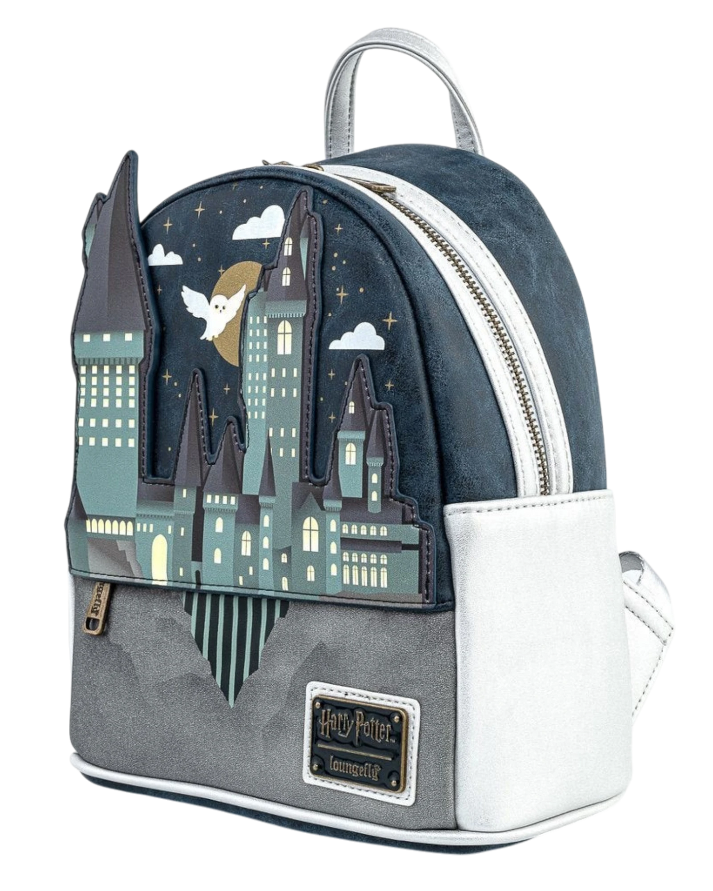 More Than Diecast Loungefly Harry Potter Hogwarts Castle mini-backpack with embroidered and applique details, featuring a night sky and owl.
