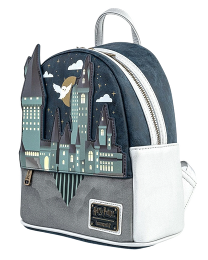 More Than Diecast Loungefly Harry Potter Hogwarts Castle mini-backpack with embroidered and applique details, featuring a night sky and owl.