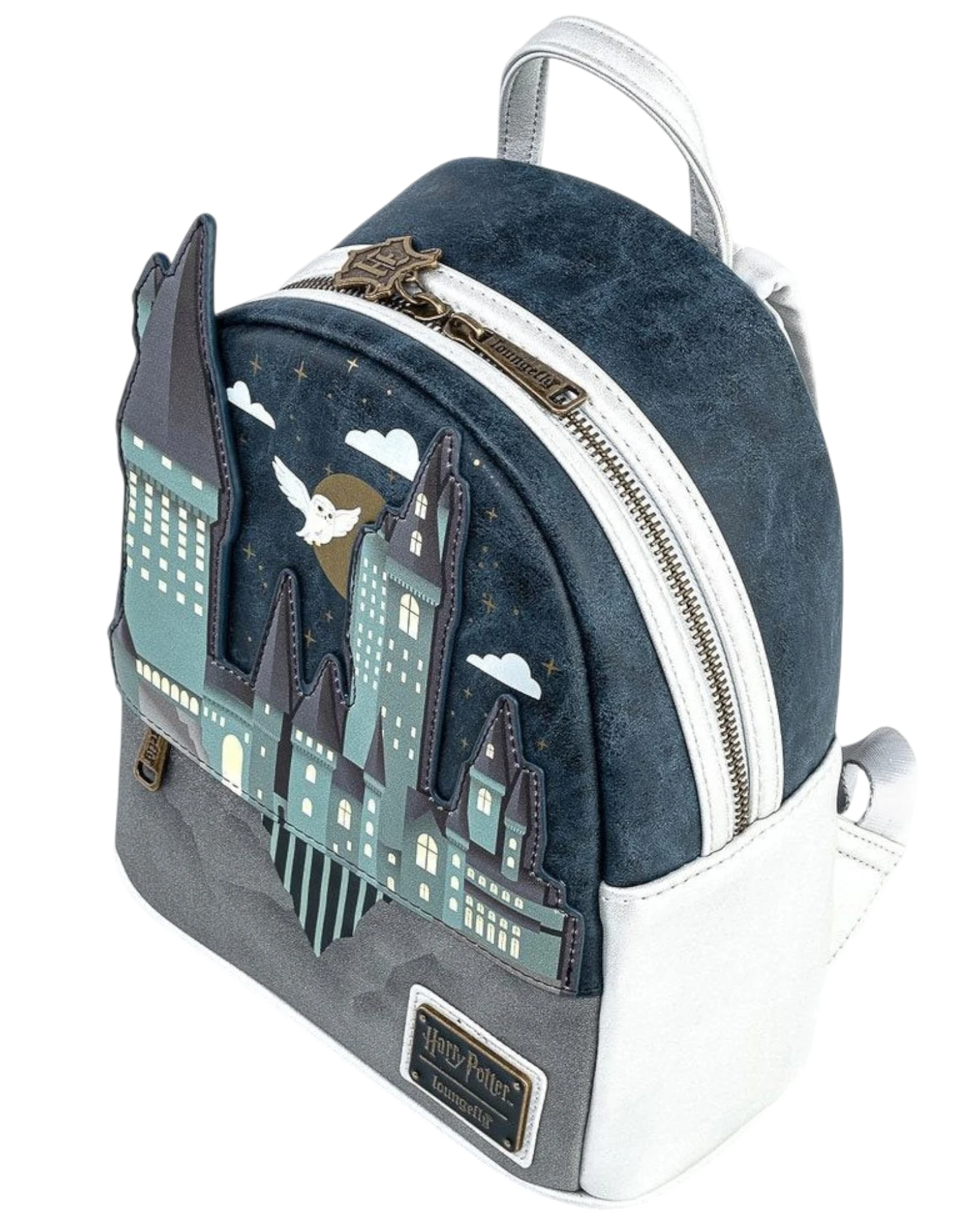 More Than Diecast Loungefly Harry Potter Hogwarts Castle mini-backpack with embroidered details and white trim.