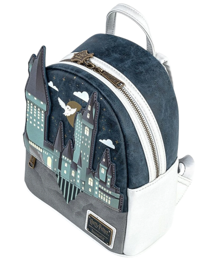 More Than Diecast Loungefly Harry Potter Hogwarts Castle mini-backpack with embroidered details and white trim.