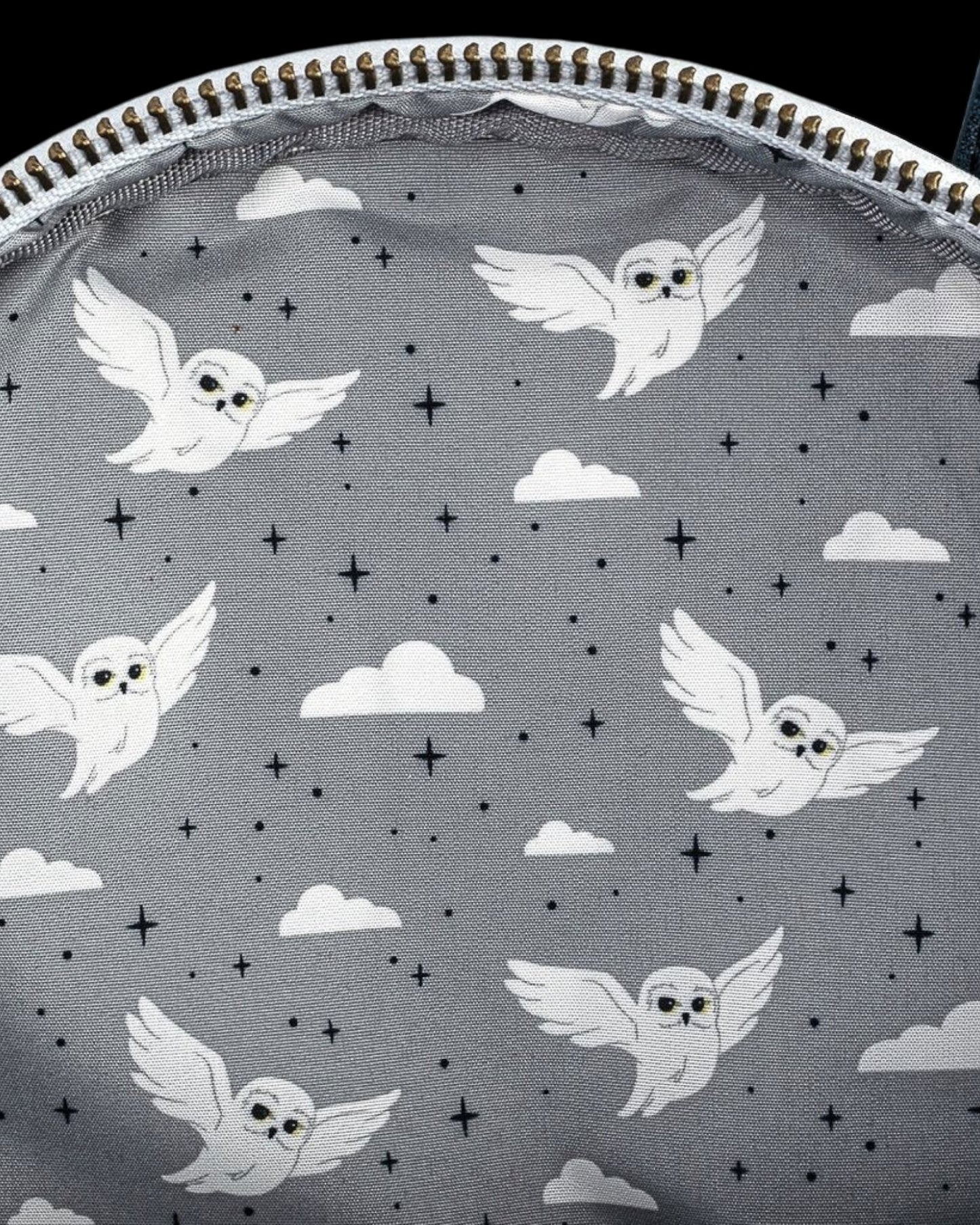 More Than Diecast Loungefly Harry Potter mini-backpack with white owls, clouds, and stars pattern on grey fabric.