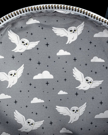 More Than Diecast Loungefly Harry Potter mini-backpack with white owls, clouds, and stars pattern on grey fabric.