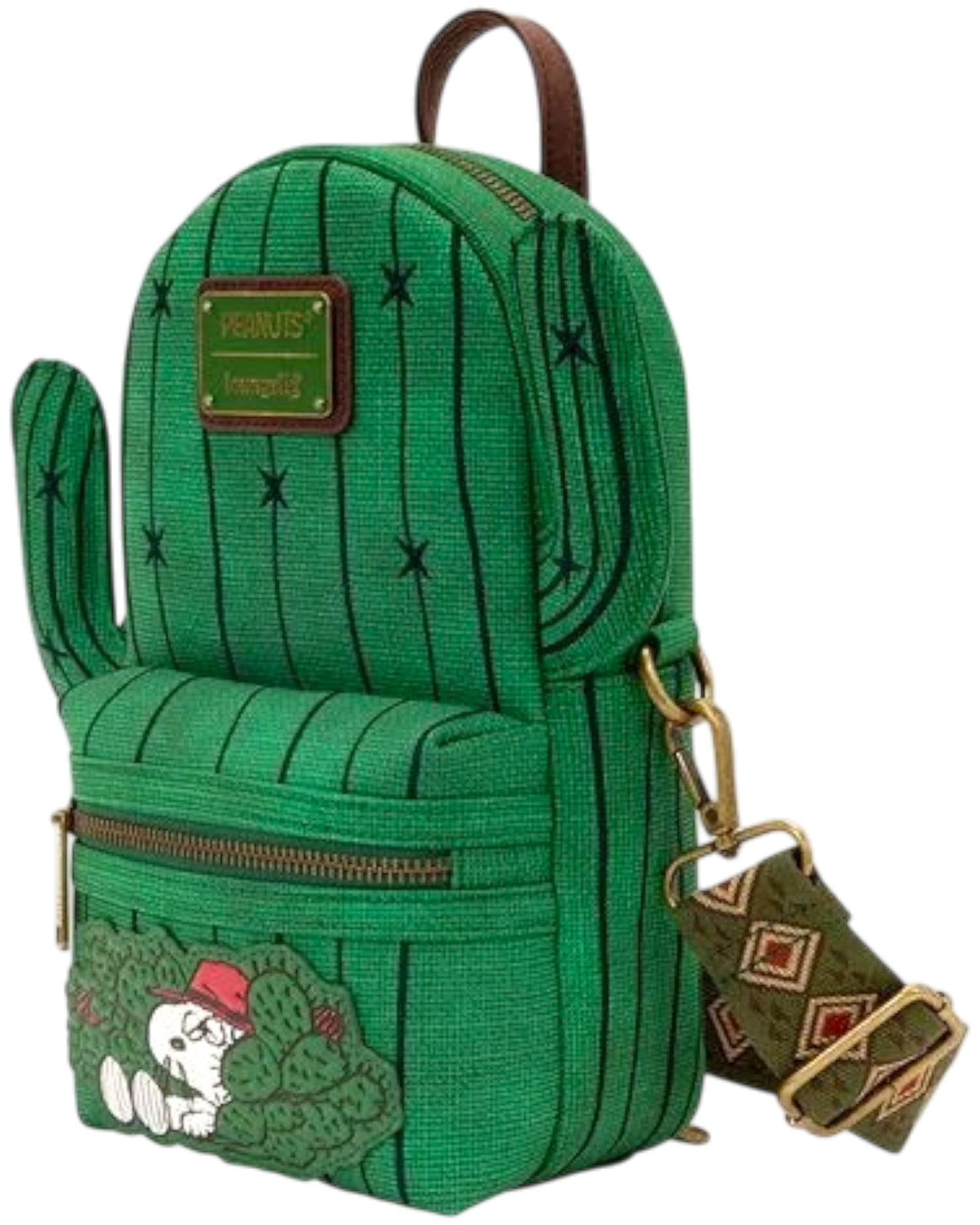 More Than Diecast Loungefly Peanuts Spike crossbody bag in green cactus shape with adjustable patterned strap