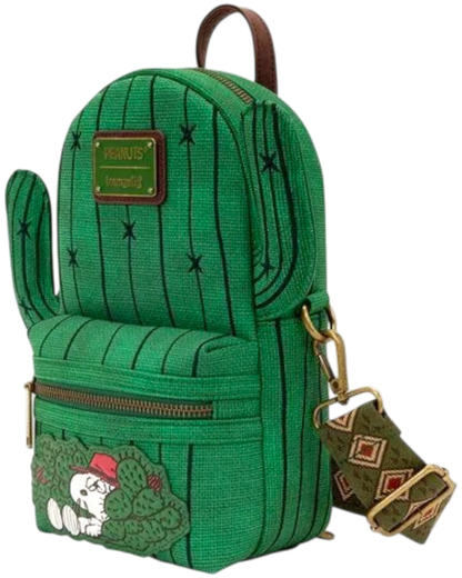 More Than Diecast Loungefly Peanuts Spike crossbody bag in green cactus shape with adjustable patterned strap