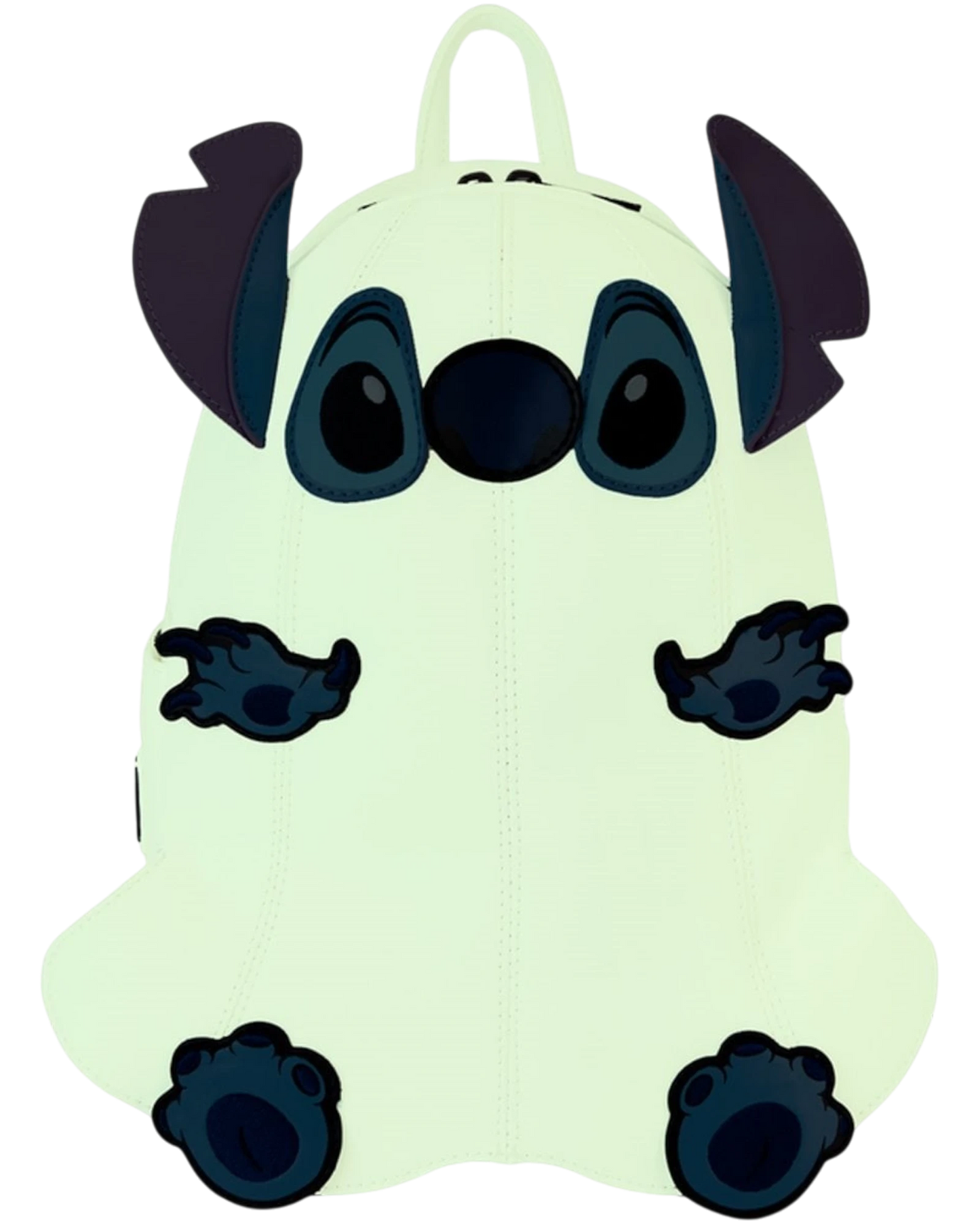 More Than Diecast Loungefly Lilo & Stitch Ghost Cosplay glow-in-the-dark mini-backpack with embroidered details.