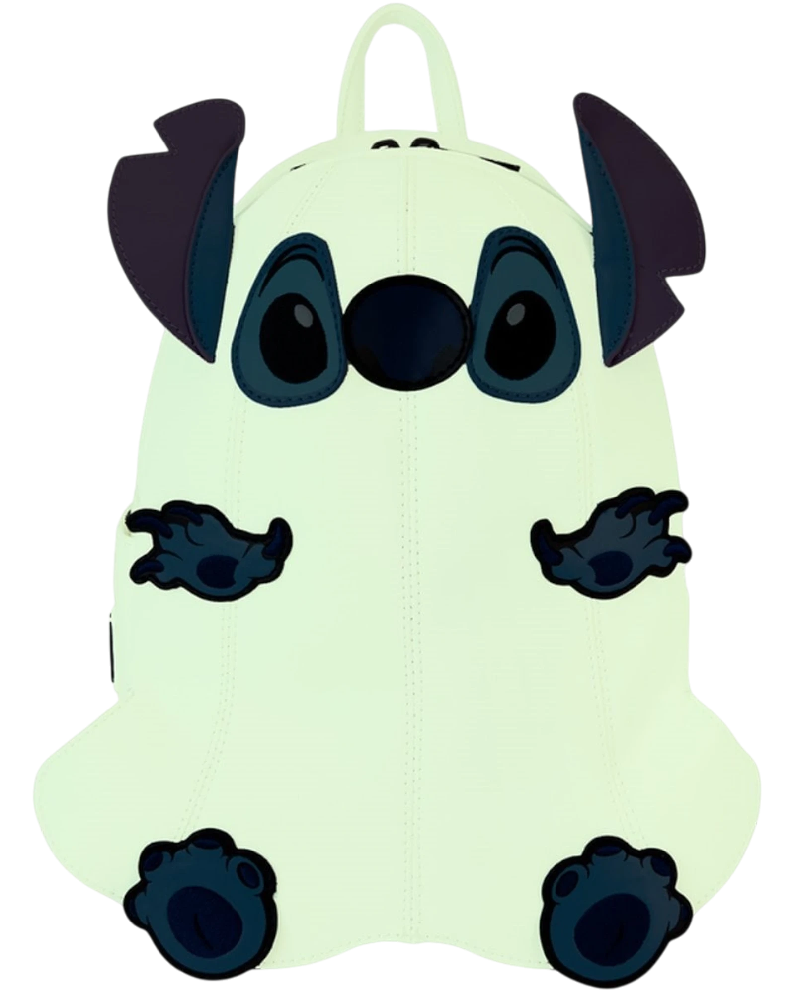 More Than Diecast Loungefly Lilo & Stitch Ghost Cosplay glow-in-the-dark mini-backpack with embroidered details.