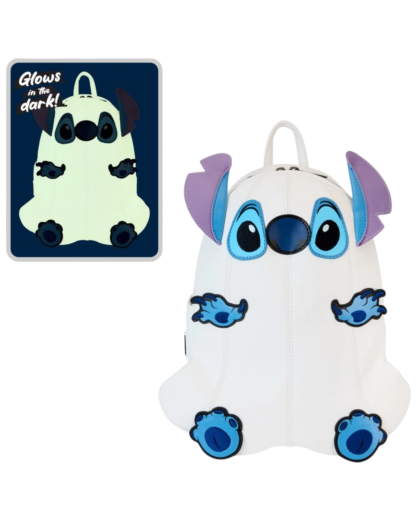 More Than Diecast Loungefly Lilo & Stitch Ghost Cosplay mini-backpack. White faux leather with glow-in-the-dark Stitch design.