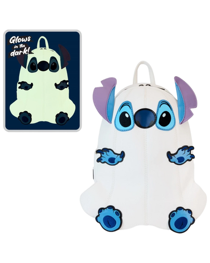 More Than Diecast Loungefly Lilo & Stitch Ghost Cosplay mini-backpack. White faux leather with glow-in-the-dark Stitch design.