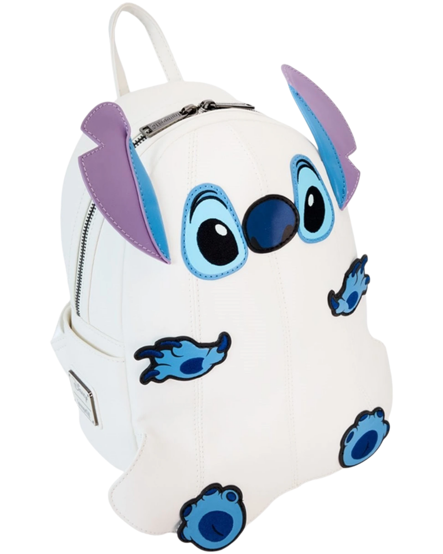 More Than Diecast white Loungefly Lilo & Stitch ghost cosplay mini-backpack with blue and purple accents and glow-in-the-dark features.