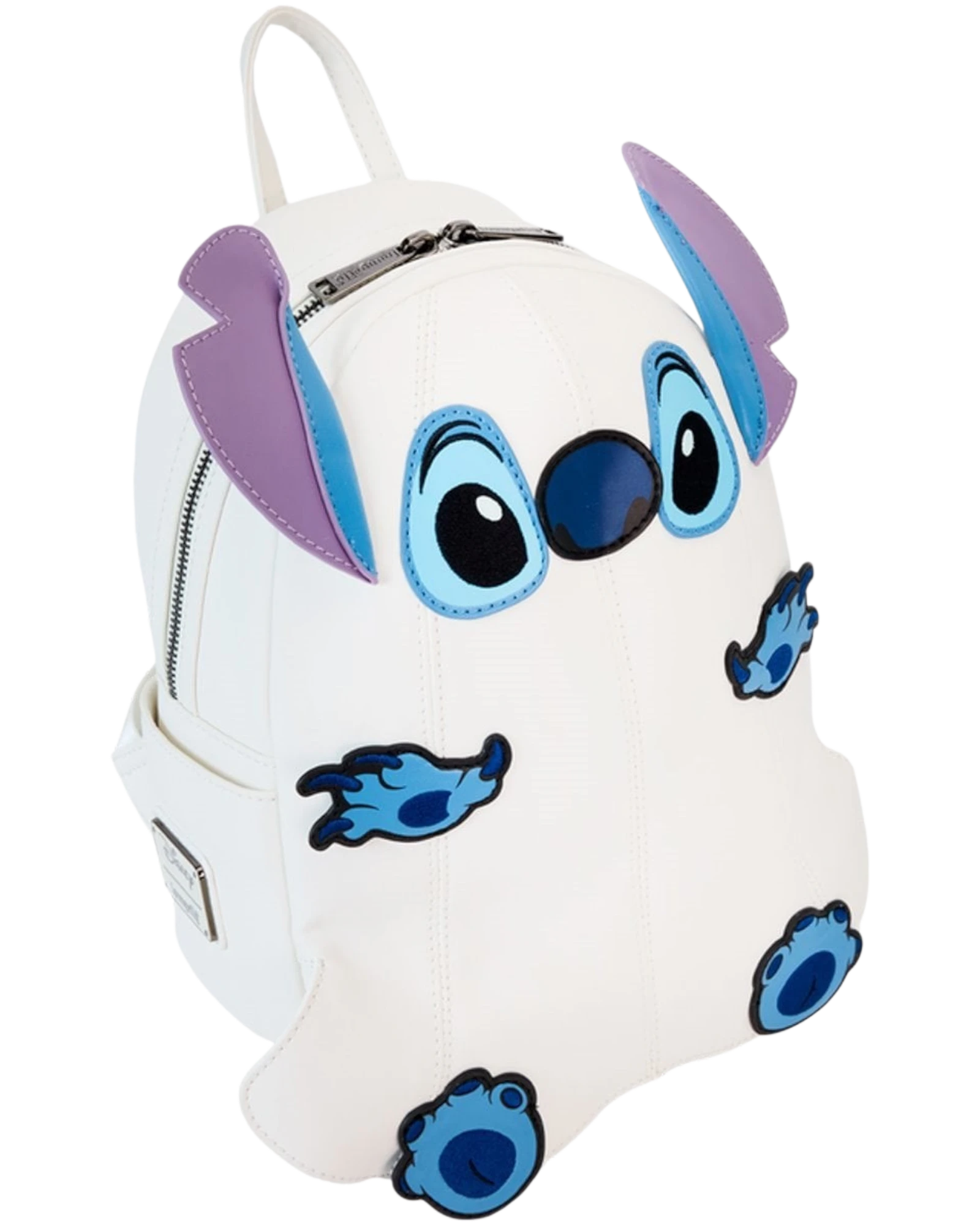 More Than Diecast white Loungefly Lilo & Stitch ghost cosplay mini-backpack with blue and purple accents and glow-in-the-dark features.