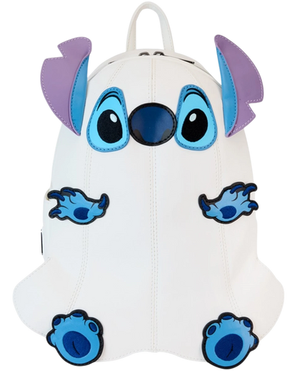 More Than Diecast Loungefly Lilo & Stitch Ghost Cosplay Mini-Backpack with glow-in-the-dark finish and blue accents.