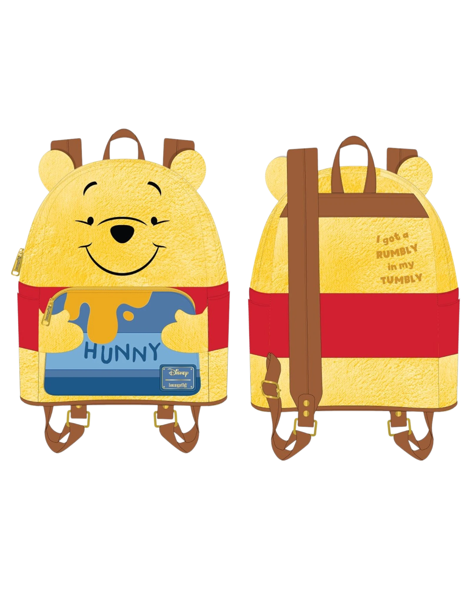 More Than Diecast Loungefly Winnie the Pooh Hunny Tummy mini-backpack, yellow with red band and honey pot design.