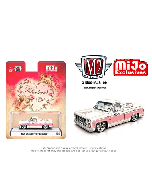 More Than Diecast 1:64 scale 1978 Chevrolet C10 Silverado Valentine's Day Edition diecast truck in pink and white.