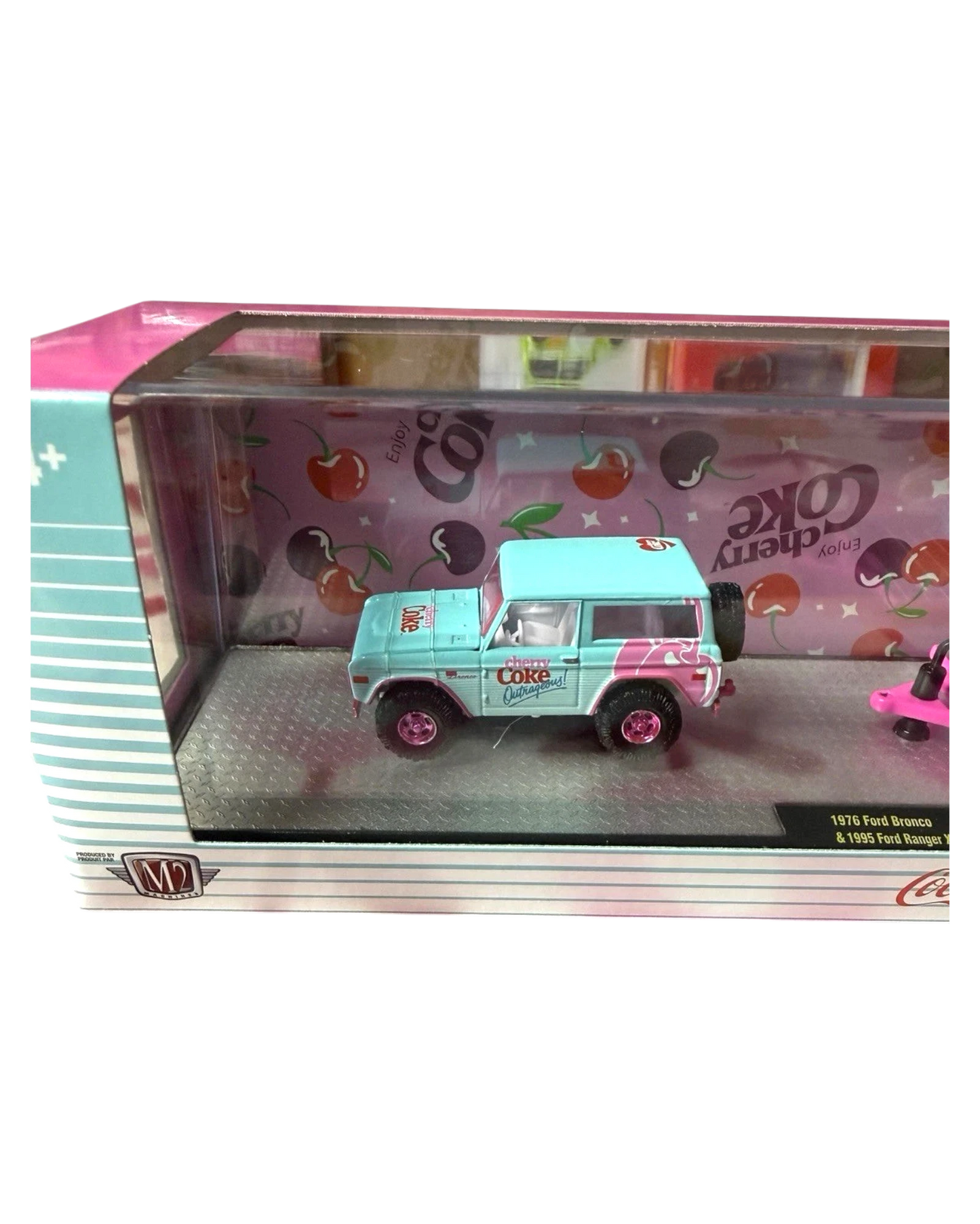 More Than Diecast M2 Machines 1:64 scale 1976 Ford Bronco in light blue Cherry Coke livery with pink wheels