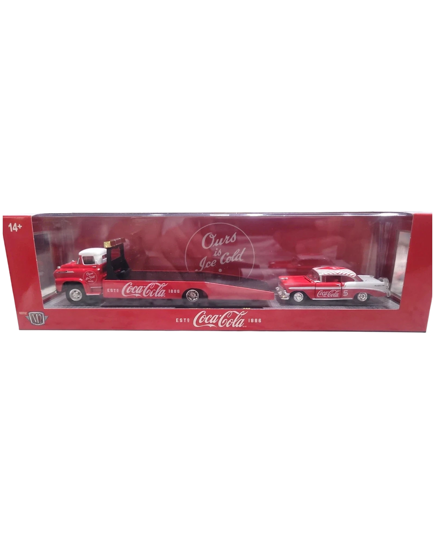 More Than Diecast M2 Machines 1:64 scale Coca-Cola set featuring a 1958 Chevy Spartan LCF hauler and 1956 Bel Air car.